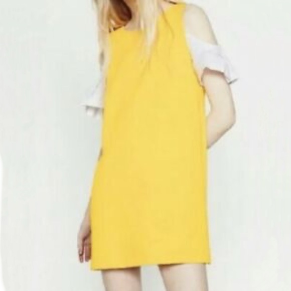 Zara Collection Yellow Ribbed Contrast White Off Shoulder Bardot Shift Dress - Picture 13 of 15